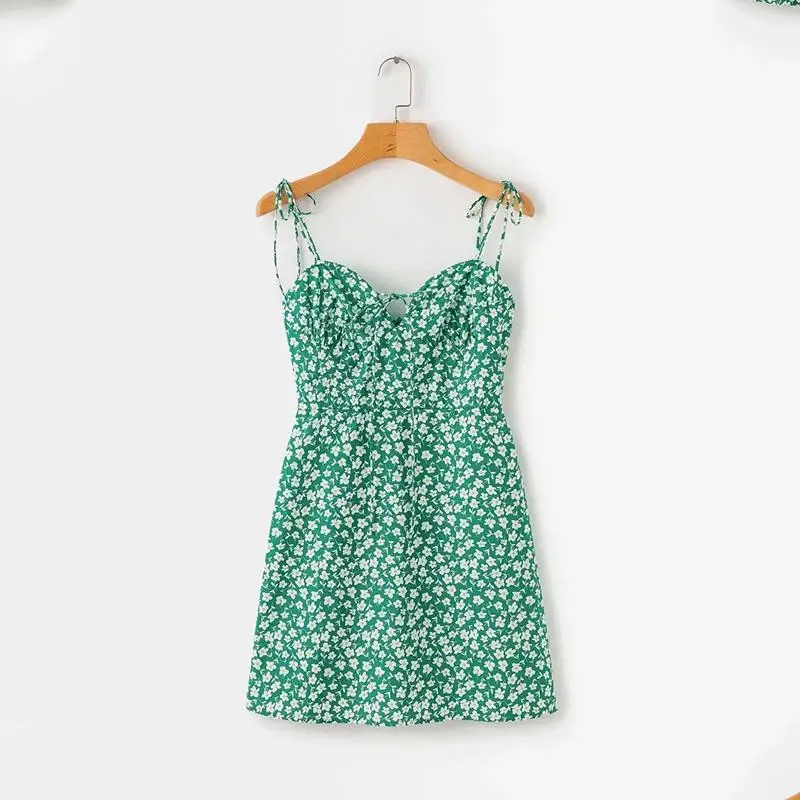 Платье женское винтажное мини-платье на бретельках с бантом и цветочным принтом