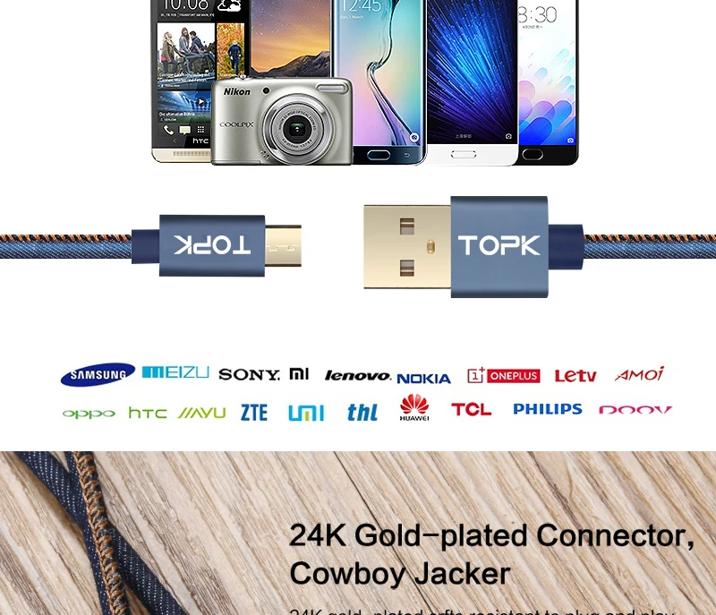 TOPK [5-Pack] mi cro USB кабель в джинсовой оплетке для синхронизации данных, USB кабель для мобильного телефона для Xiao mi redmi 4x mi 5 samsung huawei sony LG