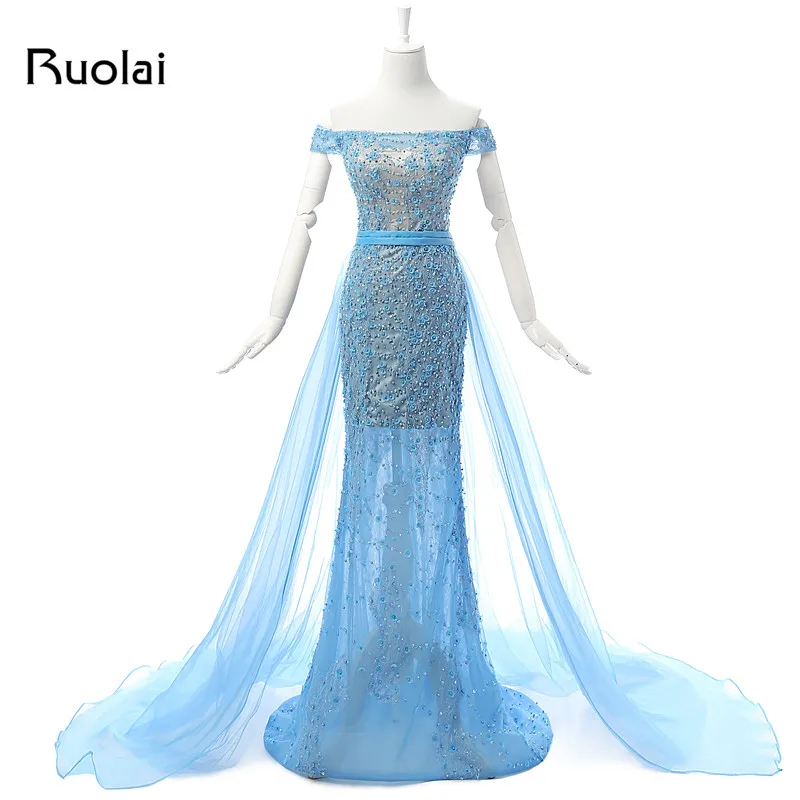 

New Real Photo Boat Neck Blue Beaded Bodice Mermaid Tulle Lace Evening Dresses Long Formal Party Prom Dress robe de soiree ASAE3