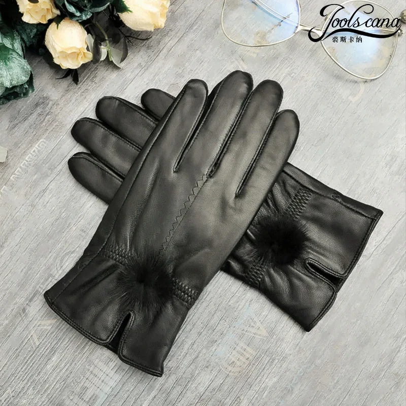 Joolscana женские перчатки из натуральной кожи зимние теплые перчатки с подкладкой черные перчатки на запястье с шарик из меха норки осень можно носить подарок для женщин