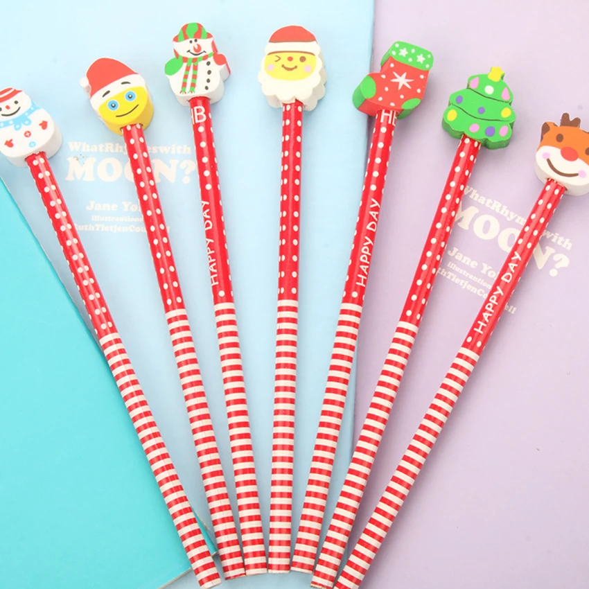 

1PC Merry Christmas Series With Red Rod Pencil And Cartoon Erasers Student Learning Stationery For New Years Gifts