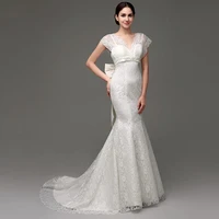 lace wedding dresses mermaid sweep train women bridal gowns cap sleeve v neck bow lace up back wedding gowns cheap fast shipping