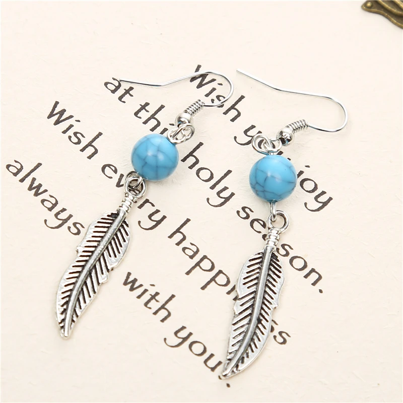 Brand Design Statement Jewelry Vintage Blue Bead Silver Feather Earrings Simple Plated Leaf Dangle For Women | Украшения и
