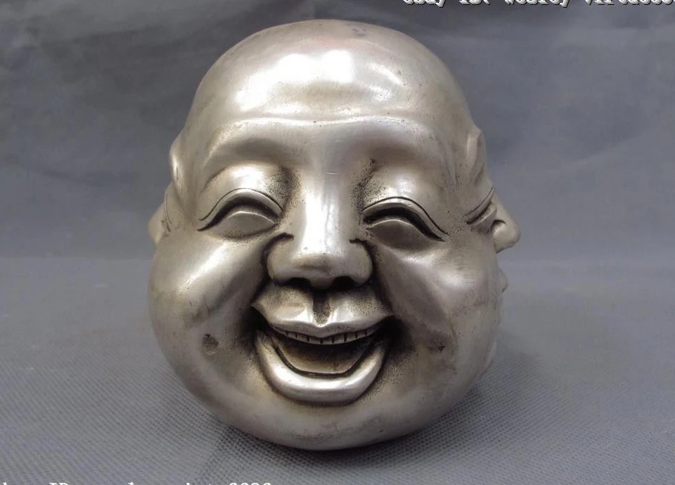 Free Shipping 11cm Chinese Folk White Copper Silver Four Faces Emotions Maitreya Lohan Monk Statue