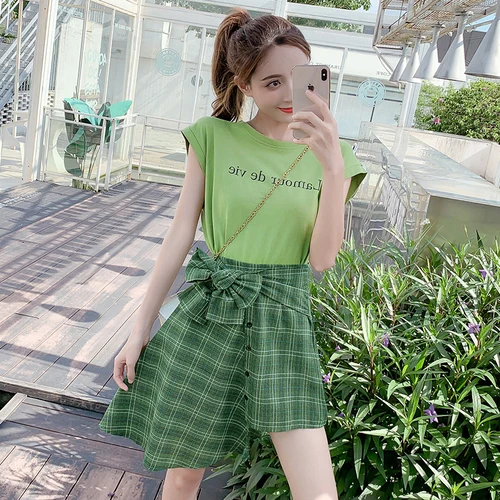 Женская Асимметричная однобортная юбка в клетку зеленая клетчатая с бантом и