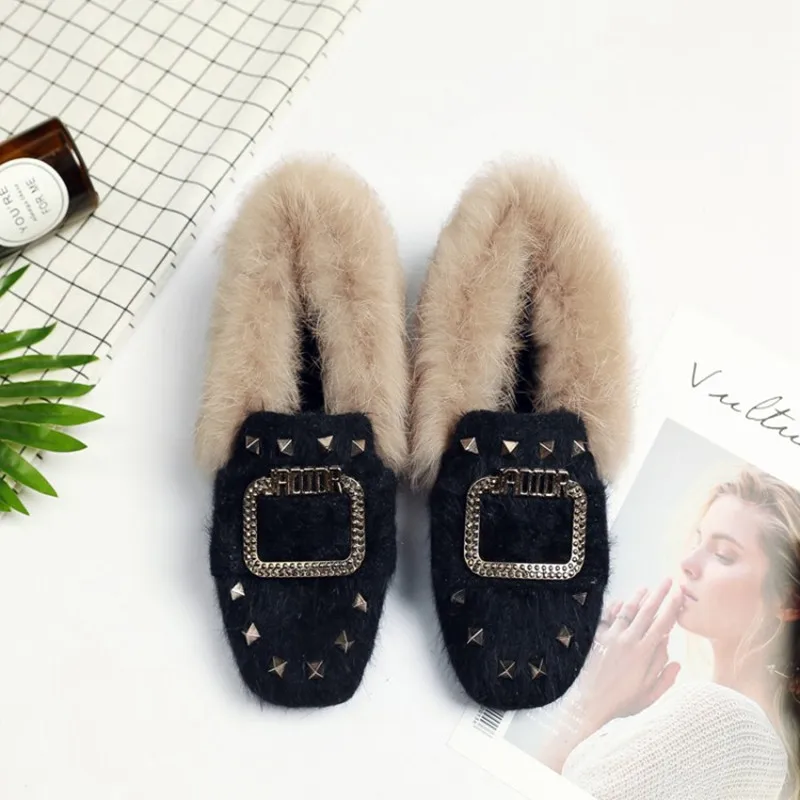 Plus Size 34-44 Fashion Metal Decoration Animal Rabbit Hair Rivet Flat Shoes Slip On Woman Fur Loafers warm plush winter shoes