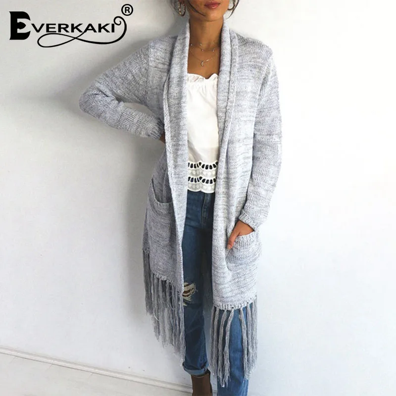 Everkaki Tassels Solid Knitted Long Cardigans Sweater Women With Pockets Boho Coat Female 2019 Autumn Winter |