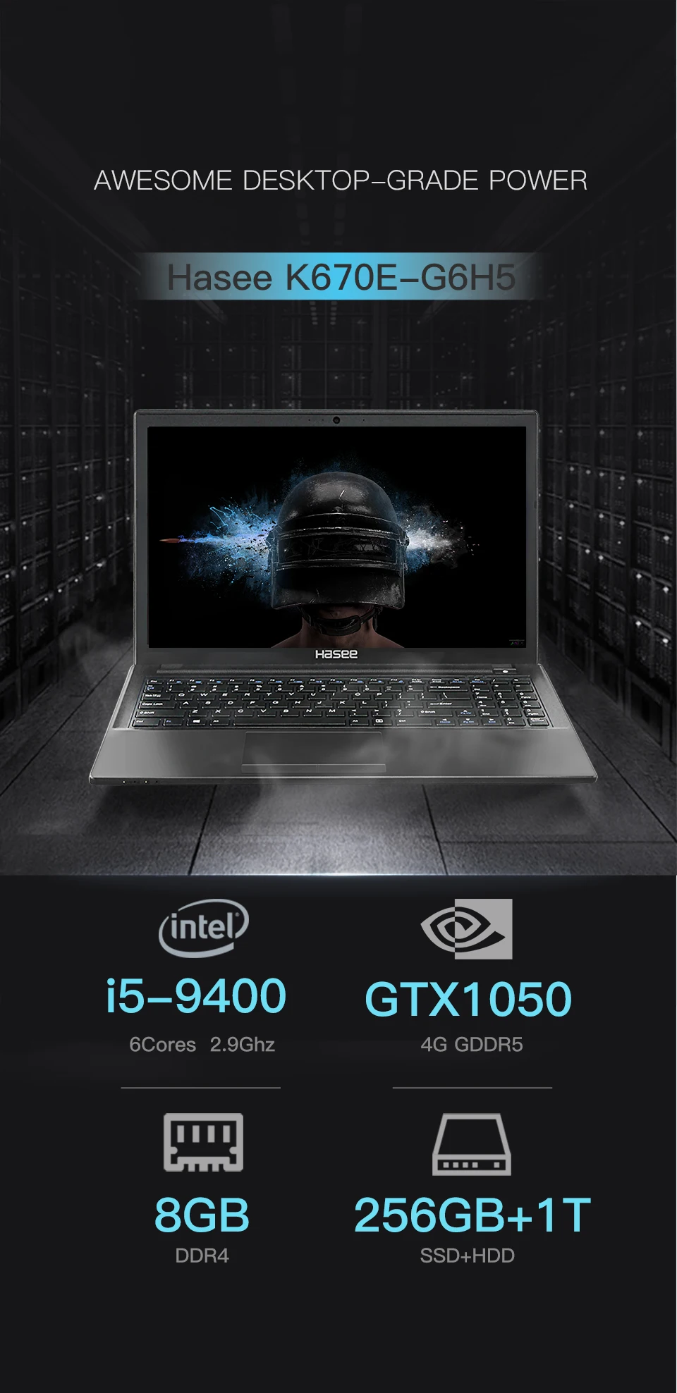 Ноутбук hasee K670E-G6H5 для игр(Intel 9Gen i5-9400+ GTX1050 4GGDDR5/8G ram/256G SSD+ 1 THDD/DOS/15,6 ''IPS) для настольных ПК