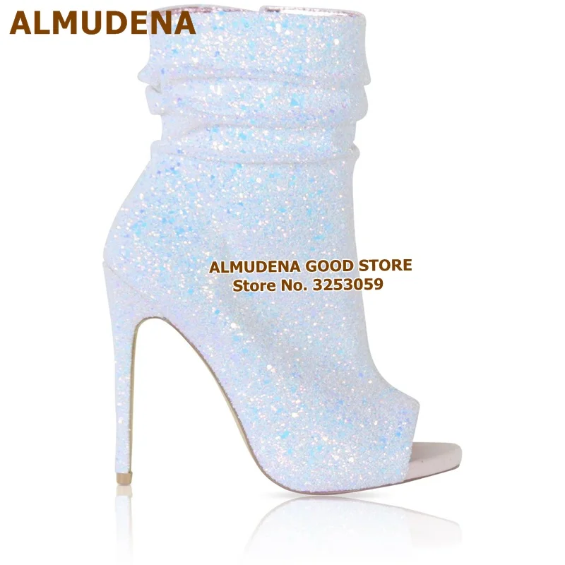 ALMUDENA/Новое поступление; розовые, белые, черные шикарные ботинки с блестками; блестящие модельные туфли-лодочки на шпильке с открытым носком; блестящая обувь - Цвет: as picture