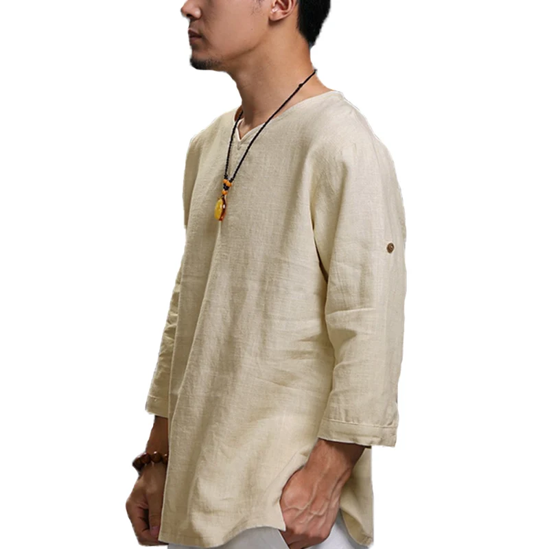 INCERUN, винтажные хлопковые мужские рубашки, длинный рукав, в сложенном виде, v-образный вырез, обычная футболка, свободный крой, топы, мужские рубашки, мужская одежда