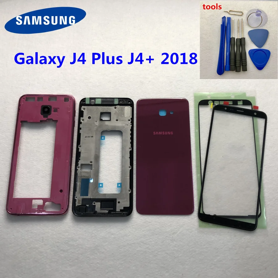 Для samsung Galaxy J4 Plus J4+ J415 J415F ЖК-панель Крышка средняя рамка Батарейная дверь полный корпус Чехол J415 передняя внешняя линза