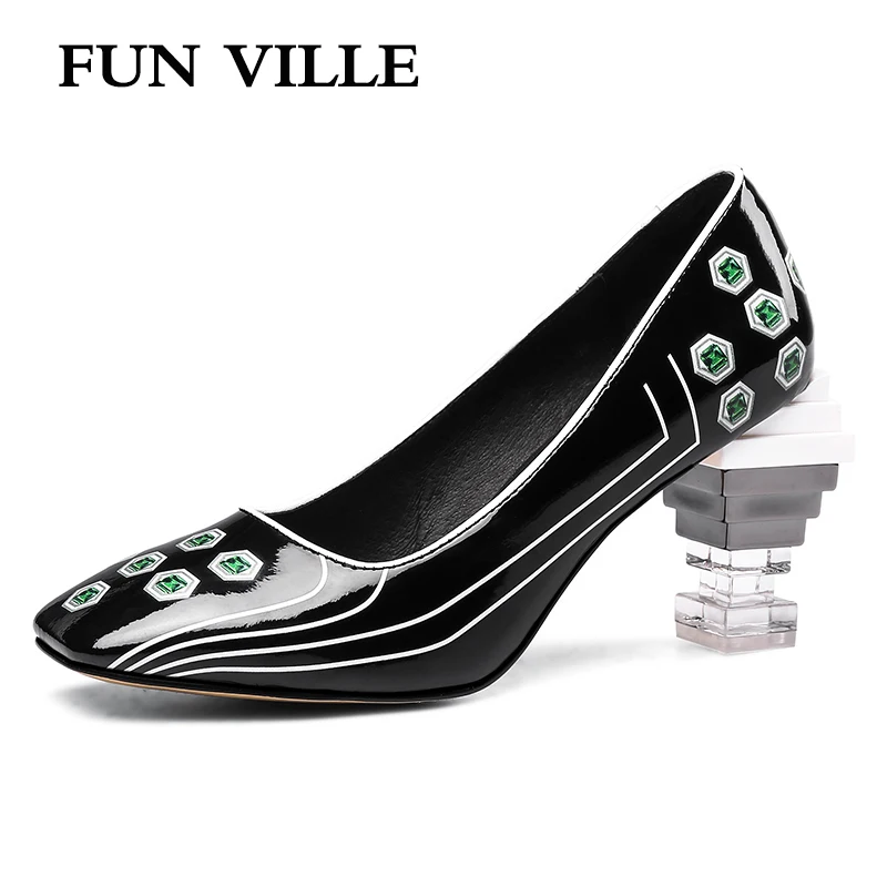 

FUN VILLE Novelty Strange Style New Fashion Spring Summer High Heels shoes Women Pumps Patent Leather Sexy Ladies Party Shoes