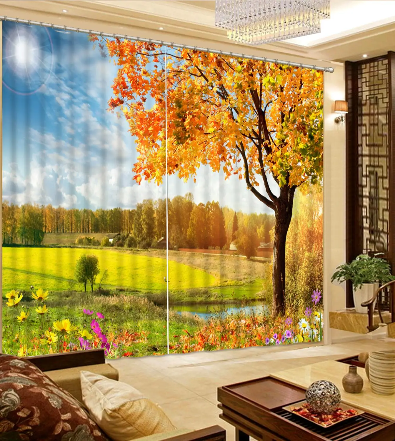 Curtains purple lilac Luxury Blackout 3D Curtains For Living Room auturn yellow curtains forest curtain