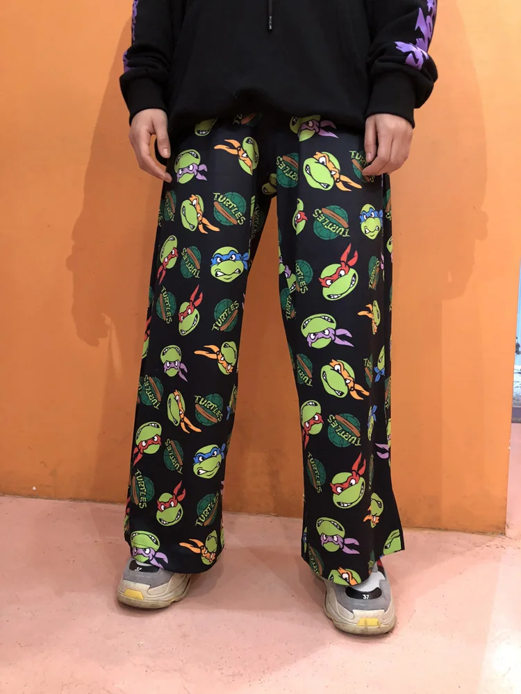 Woherb Japanese Style Wide Leg Pants Women Funny Cartoon Print Harajuku Elastic High Waist Trousers Modis Streetwear 22787