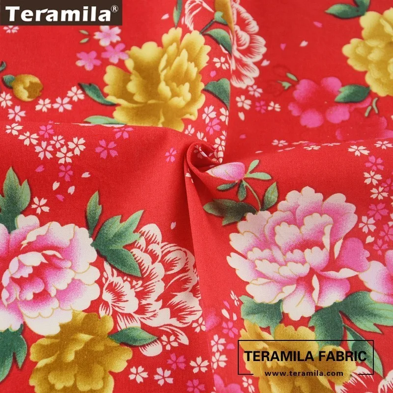 Teramila хлопок поплин Ткань Красный Жира четверти метра квилтинга печатных желтый и