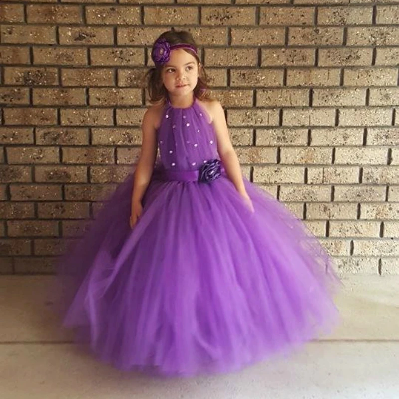 Шикарное фиолетовое платье-пачка со стразами и цветами для девочек на свадьбу