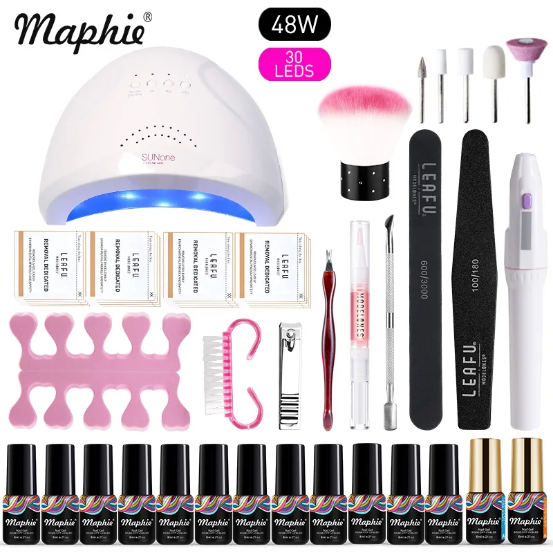 Maphie УФ светодиодная лампа для дизайна ногтей маникюрный набор профессиональный УФ-гель для ногтей наборы 12 цветов гель лак основа верхнее покрытие наборы для ногтей - Цвет: 48W With Gel
