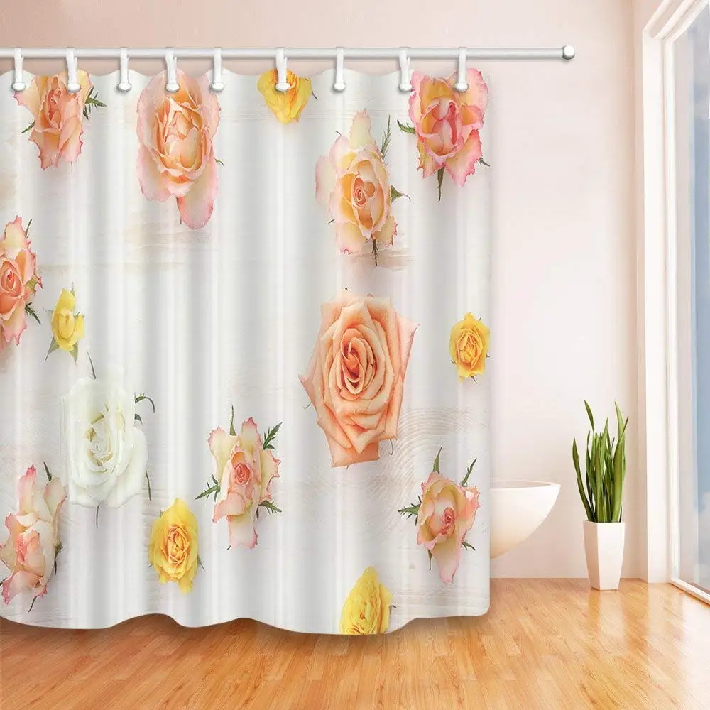 

Flowers Decor Colourful Pink Yellow White Rose Shower Curtain Polyester Fabric Bathroom Fantastic Decorations Bath Curtains