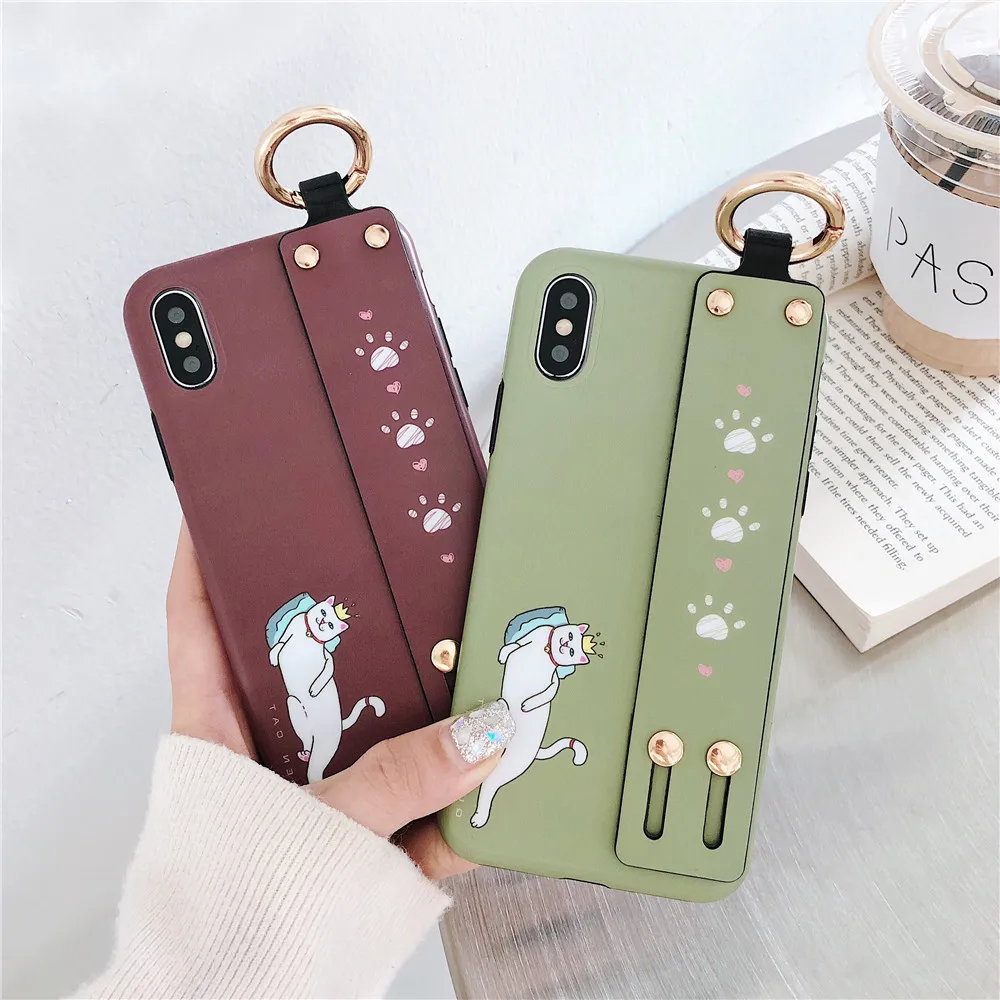 Couple Glossy Leather Wrist Strap Phone Case for IPhoneX XR XS Max Crown Noble Cat Cover Iphone 6s 7 8 Plus |