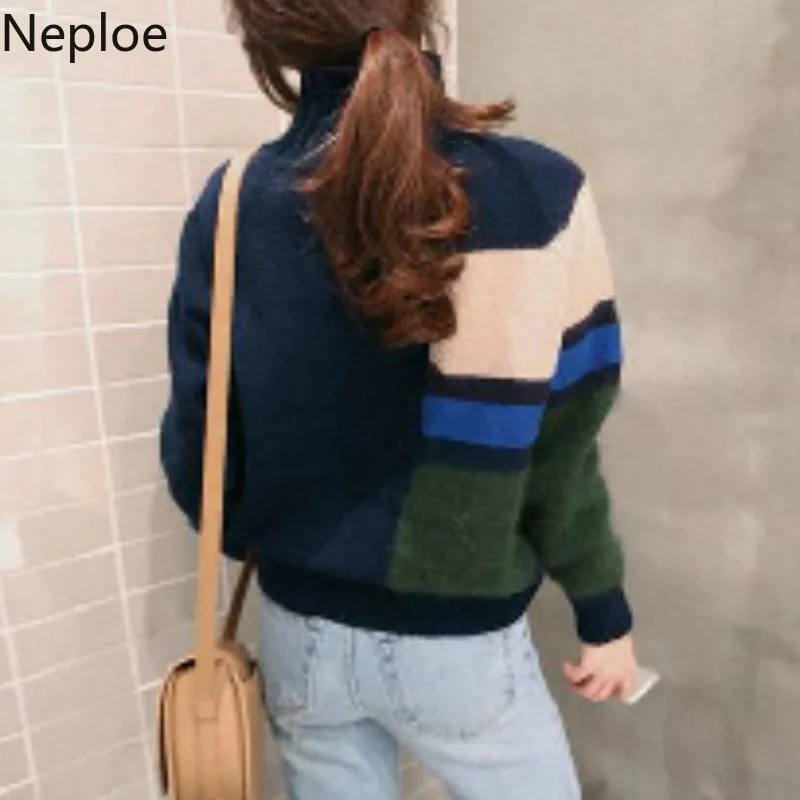 Neploe, контрастный цвет, вязаный женский свитер, осень, новинка, водолазка, длинный рукав, пуловер, корейский, сохраняет тепло, свитер, 45285