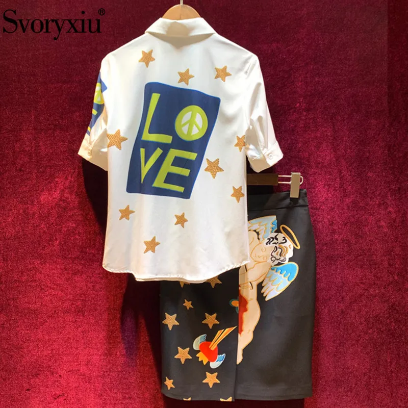 Svoryxiu женская летняя новая юбка с рюшами костюм женская блузка с короткими рукавами и бисером+ юбка с принтом ангела Модный комплект из двух предметов