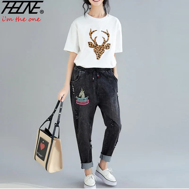 

Plus Size Jeans Women Denim Pants Harem Loose High Waist Elastic Patchwork Fashion Casual Trousers Female Vaqueros Black Jeans