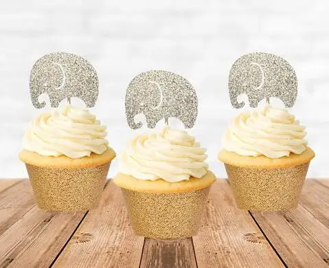 

Glitter silver elephant Circus Carnival Birthday Cupcake Toppers baby shower baptism wedding Dance Party Decor