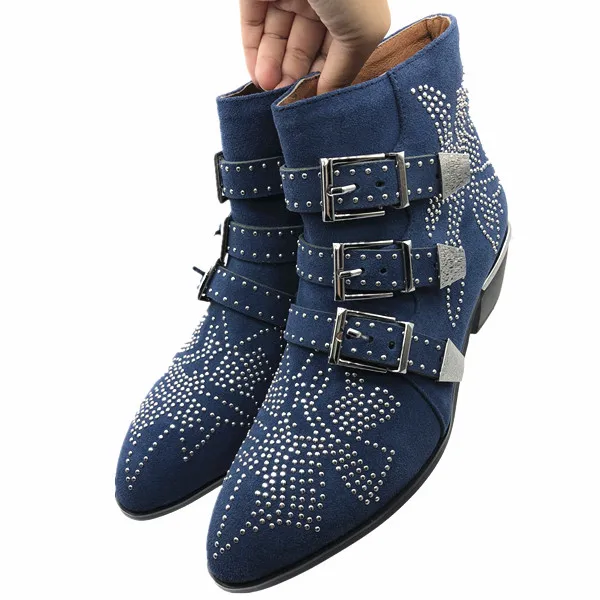 blue suede Mcacchi/женские ботильоны из натуральной кожи с заклепками золотого и серебряного цвета; Susanna; женские ботильоны с круглым носком и цветочным принтом; Mujer; роскошная женская обувь - Цвет: blue suede
