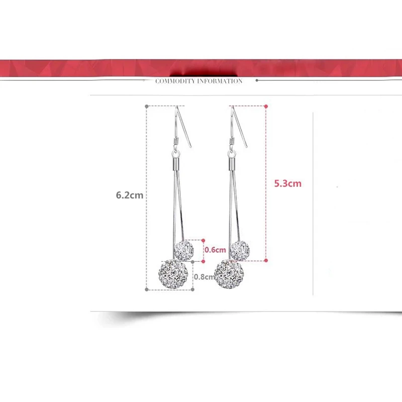 Earrings Fashion Jewelry Long Silver plated Drop Shambhala Double Full crystal Ball For Women | Украшения и аксессуары