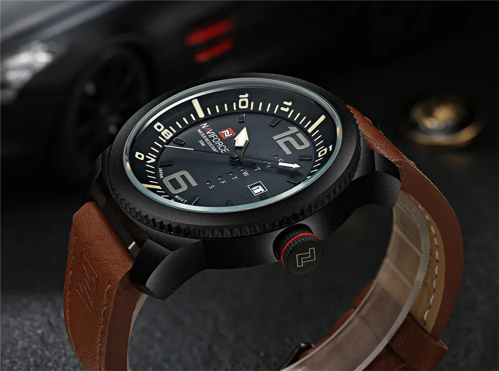 Модные роскошные брендовые кварцевые часы NAVIFORCE, деловые военные мужские часы, мужские часы с кожаным ремешком