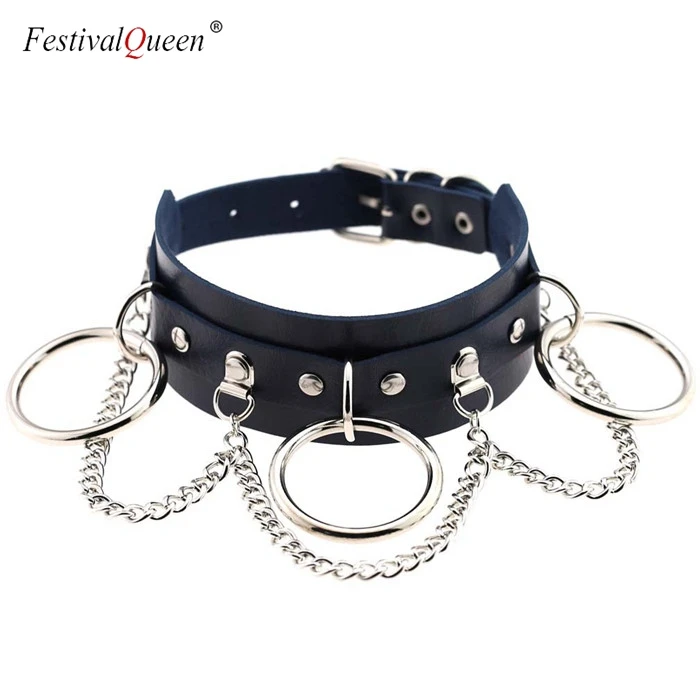 FestivalQueen, женское колье ручной работы, негабаритное, фетиш, круглая металлическая цепочка, кожаный воротник, связывание, жгут, ожерелье - Окраска металла: shen lan se