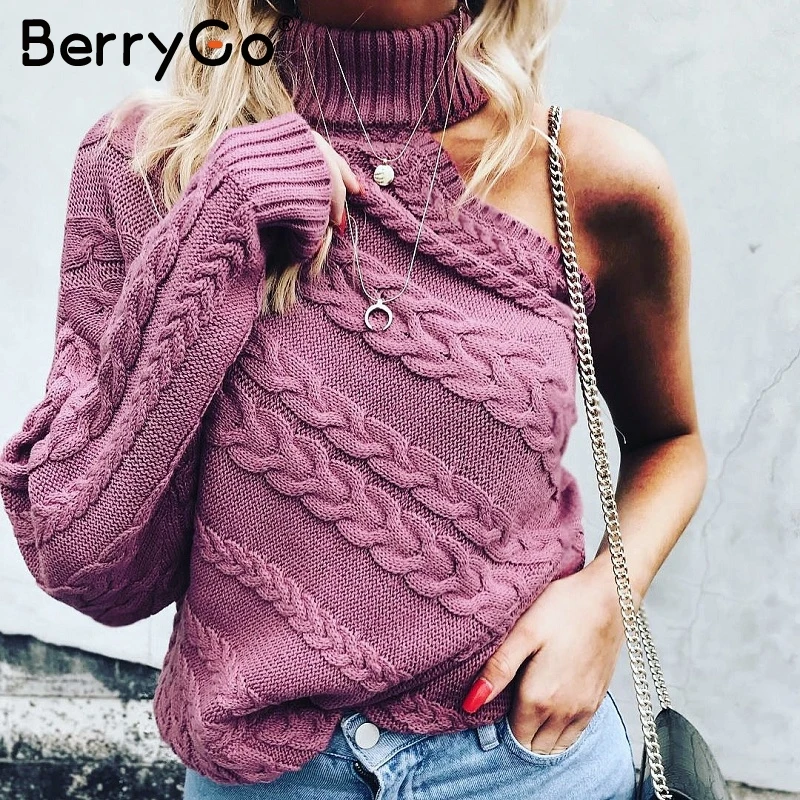 BerryGo водолазка на одно плечо розовый вязаный свитер женский белый с длинным