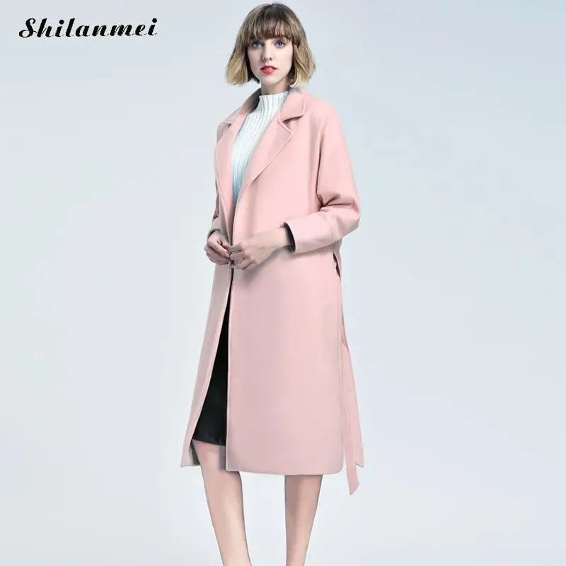 Женский шерстяной длинный кардиган с поясом зимняя утепленная куртка небесно