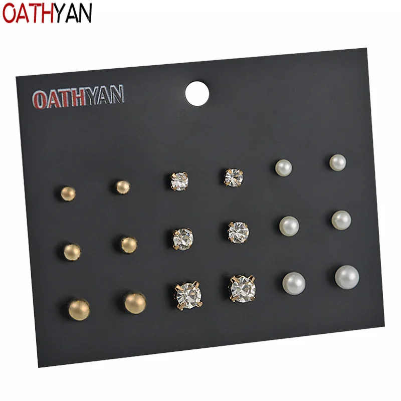 OATHYAN 9 пары/компл. Модный женский стразы серьги гвоздики смешанные Подарочные
