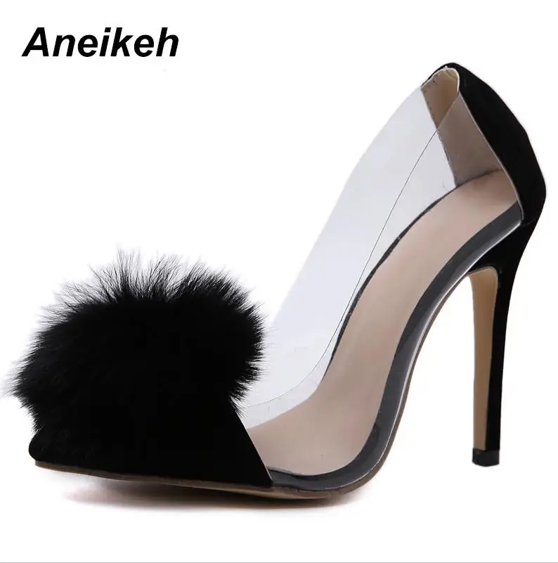 Black Aneikeh/прозрачные туфли-лодочки из прозрачного ПВХ женские Вечерние туфли на высоком тонком каблуке без застежки с острым носком черные туфли-лодочки для ночного клуба, Размеры 35-40 - Цвет: Black