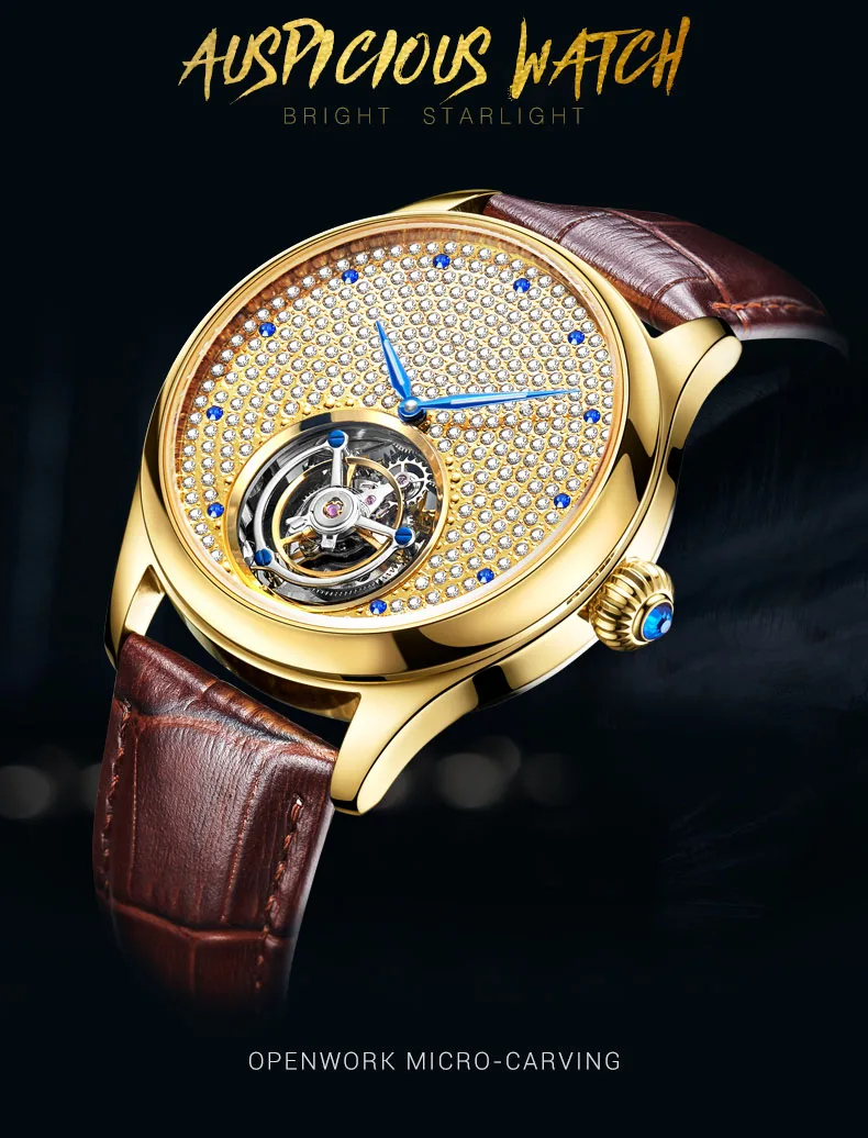 Настоящие Tourbillon сапфировые мужские часы Топ бренд Роскошные Стразы Часы Мужские механические часы золотые мужские часы