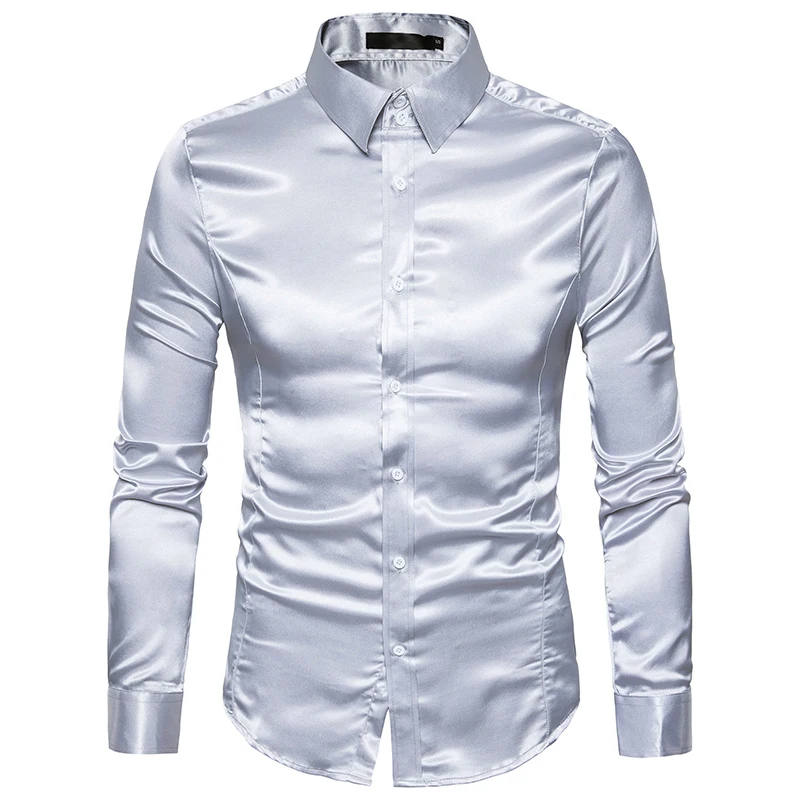 Для мужчин эксклюзивная Metallic Shirt блестящего шелковистого атласа рубашка с