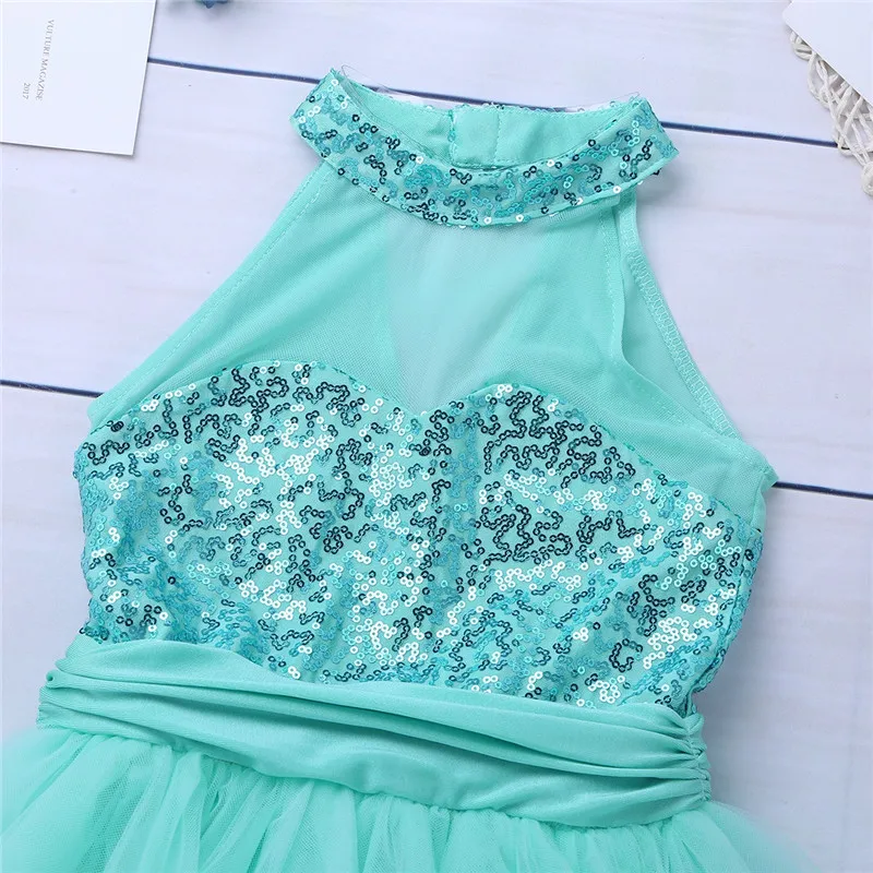 Kids Girls Mock Neck Ballet Dance Dress Gymnastic Leotard Shiny Sequins Sleeveless Mesh Splice Ballet Leotard Flower Girls Dress