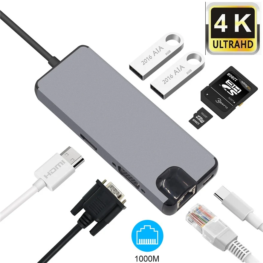 USB Type C к HDMI VGA гигабитный Ethernet Lan RJ45 адаптер для Macbook Air Pro 2018 концентратор кардридер
