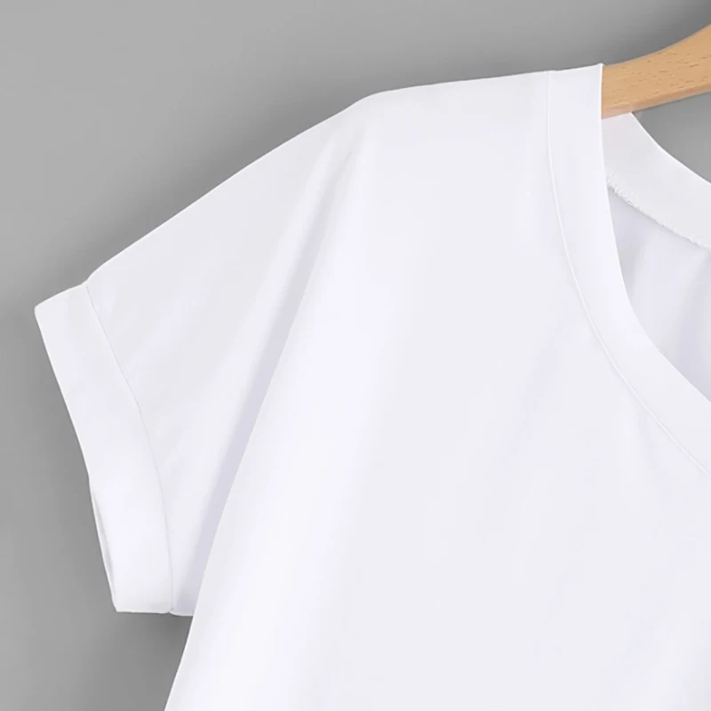 Dotfashion, женская футболка размера плюс, белая, с разрезом, с карманом, лето, v-образный вырез, короткий рукав, повседневные топы, Весенняя мода, Однотонная футболка