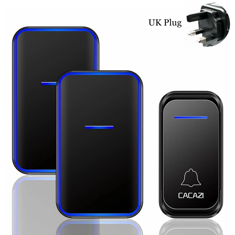black 1x2 UK CACAZI, беспроводной дверной звонок, водонепроницаемый, 300 м, пульт дистанционного управления, 1, 2 кнопки, 1, 2 приемника, США, ЕС, Великобритания, вилка, умный дом, добро пожаловать, звонок на дверь - Цвет: black 1x2 UK