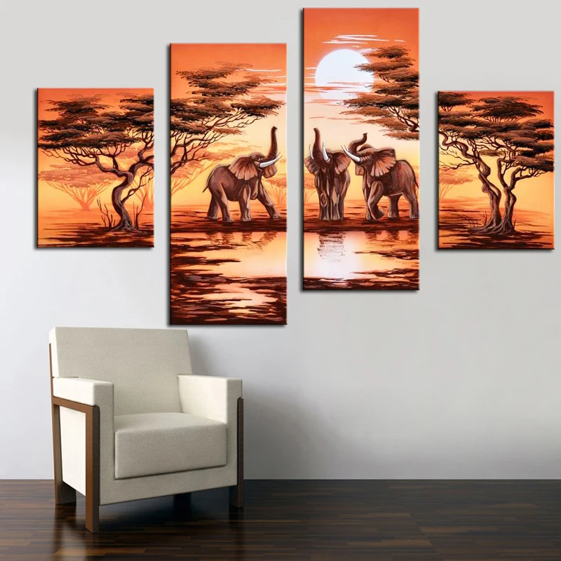 4 Panel Hand Painted Canvas Oil Painting African Safari Modern Landscape Elephant Forest Scenery Wall Pictures No Frame | Дом и сад
