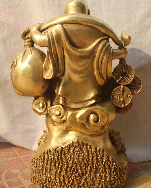 

Collectible bronze S1990 17" Chinese Feng Shui Money Wealth Happy Laugh Maitreya Buddha & Spittor Statue
