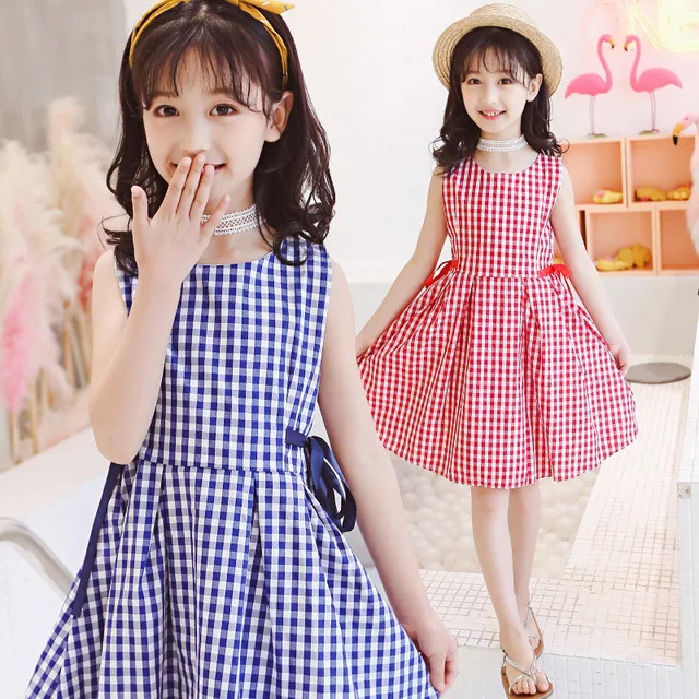 

4-10 Years Children Dress Fashion Korean Plaid Casual Princess Dress Cotton Sleeveless Big Girls Dresses Kids Clothing Summer