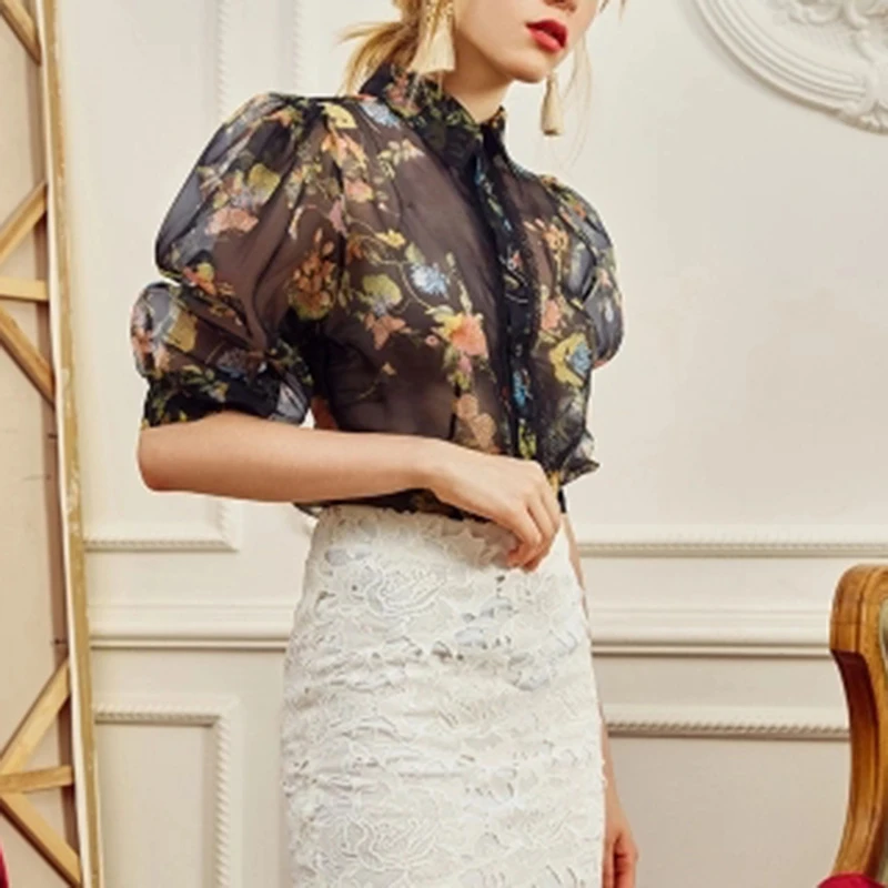 TWOTWINSTYLE, винтажные, с перспективным принтом, из кусков, кружевные, женские рубашки, блузка, с коротким рукавом, воротник с лацканами, Женский Топ, Повседневный, весна