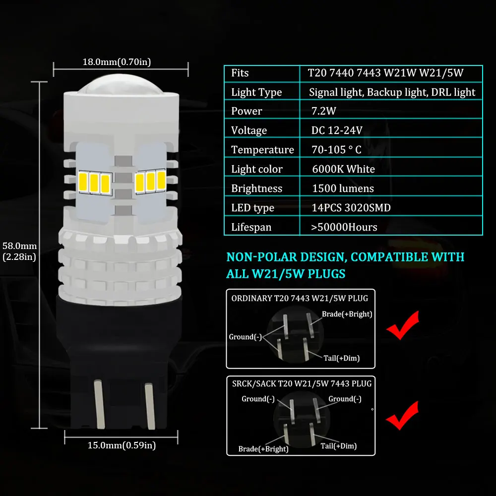 2 шт. лампы Супер яркий белый DC12V/24V Canbus T20 7440 W21W W21 7443 7444 W21/5 Вт SRCK светодиодный для