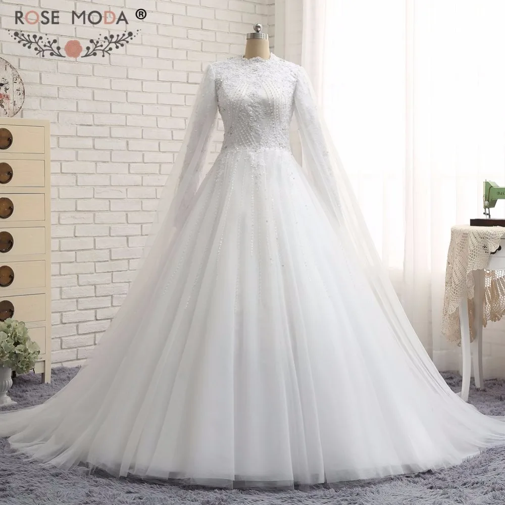 Розовое модное мусульманское свадебное платье с высоким воротником и длинными