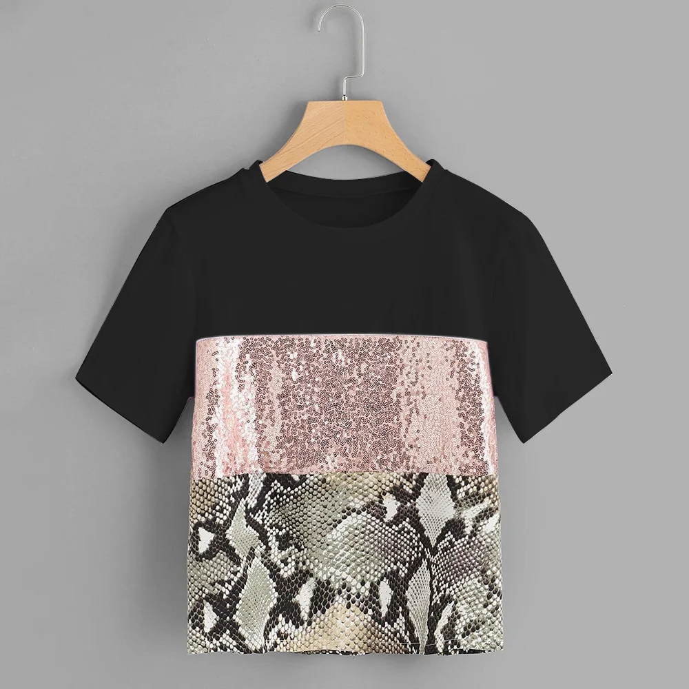 Контрастная Футболка с блёстки панель шикарная Женская одежда круглым вырезом