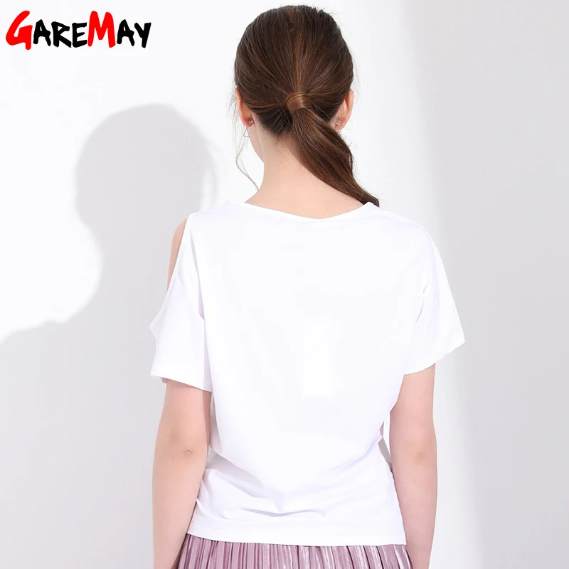 GAREMAY Summer T Shirt Women Funny Casual Print Tee Femme Sexy Off Shoulder Short Sleeves Slim Top O-Neck Female T-shirt | Женская