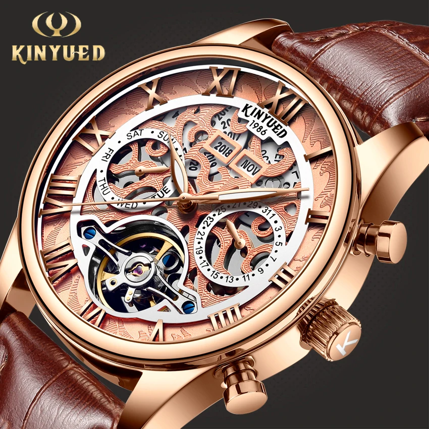 KINYUED Tourbillon автоматические часы мужские розовое золото год Дата День Скелет Механические мужские s herenhorloges mechanische horloges